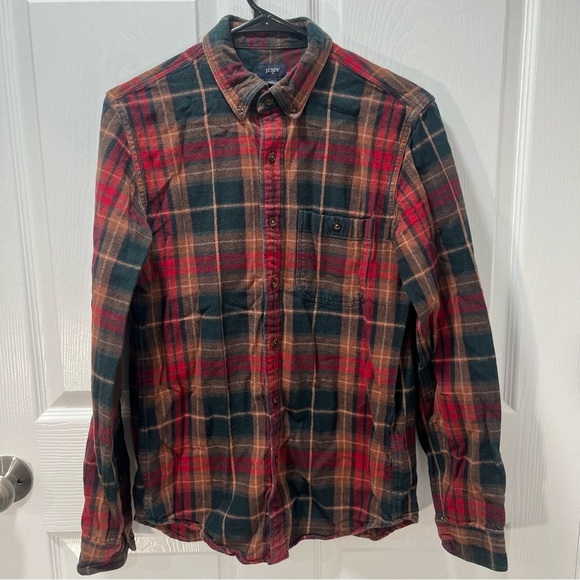 J Crew Plaid Flannel Shacket Shirt Jacket Faux Suede Elbow Patches Brown Red S - Picture 1 of 9
